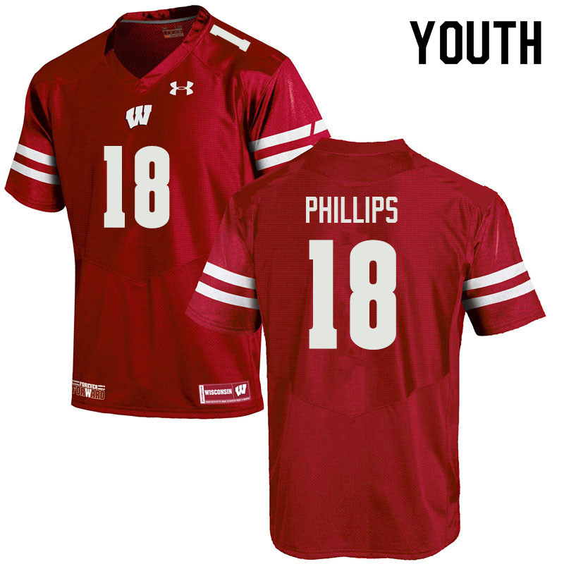 Youth #18 Cam Phillips Wisconsin Badgers College Football Jerseys Sale-Red